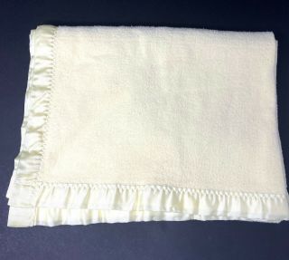 Vintage Cotton Baby Blanket Yellow Nylon Satin Trim Thermal Security Lovey