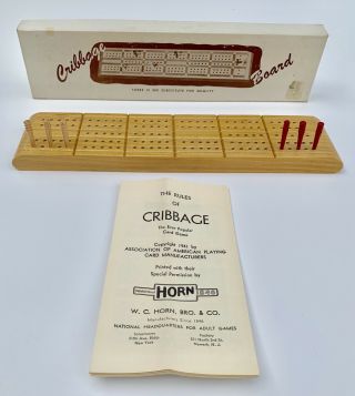 Vintage Cribbage Board W/ Wooden Pegs,  Box By Horn - Made In Usa C - 18
