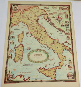 Vintage 1935 Pictorial Map Of Italy Colortext Publications