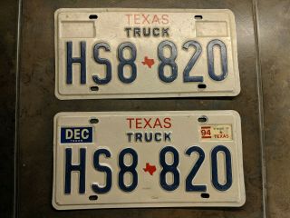 Vintage Matched Set Of Texas License Plates Truck 1980s 1990s Era Old Tx Plates
