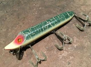 Vintage Heddon Dowagiac Vamp 3 Hook Wood Glass Eyes Crackleback Fishing Lure