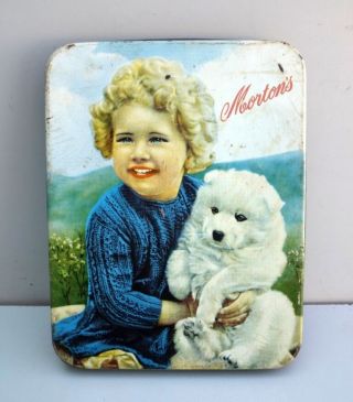Vintage Morton Pure Confectionery Ad Tin Box Boy & Dog Picture Ad Litho Tin Box