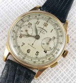 Great Vintage Mens Chronographe Suisse 18k Solid Gold Swiss Chronograph Watch