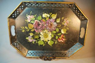 Large Authentic Antique Hand Painted Shabby Chic Tray 20 " X15 " Gold Trim Signed