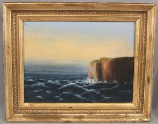 19thc Antique American Maritime Seascape Cliffs Oil Painting W/ Gilt Frame Nr