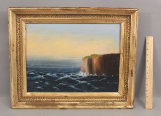19thC Antique American Maritime Seascape Cliffs Oil Painting w/ Gilt Frame NR 2