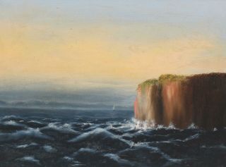 19thC Antique American Maritime Seascape Cliffs Oil Painting w/ Gilt Frame NR 3