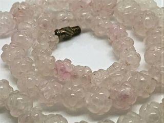 Vintage Jewellery Semi Precious Rose Quartz Carved Flower Bead Necklace