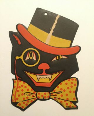 Vintage H.  E.  Luhrs Halloween Diecut Embossed Black Cat Top Hat Bowtie Monacle