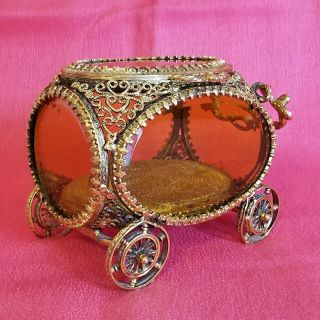 Vintage Gold Filigree Ormolu Casket Carriage W\amber Glass Jewel Trinket Box