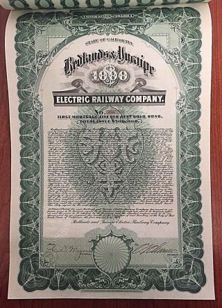1907 Redlands And Yucaipe Electric Railway Company $1000 Bond Cert.  W/ Coupons