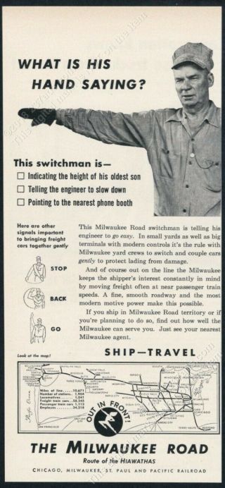 1952 Milwaukee Road Switchman Photo Train System Map Art Vintage Print Ad