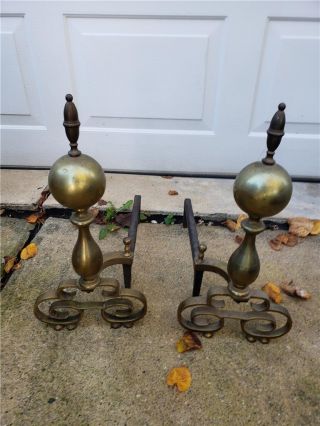 Antique Fireplace Andirons Brass W 11 - 1/2 " Fire Dogs Log Holders