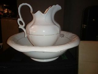 Vintage Porcelain Pitcher And Wash Basin Bowl,  White With Gold Trim & Designs