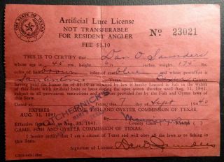 Vintage Texas Artificial Lure License Resident Angler Fishing 1940