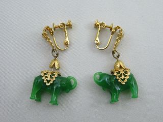 Vintage Napier Faux Green Jade Elephant Earrings,  Gold Tone,  Cond.