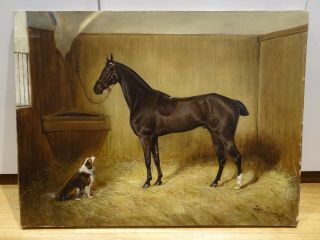 19th Century Bay Hunter Horse & Dog In Stable Portrait FRANTISEK STRAYBL Czech 2