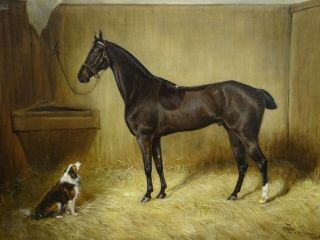 19th Century Bay Hunter Horse & Dog In Stable Portrait FRANTISEK STRAYBL Czech 3