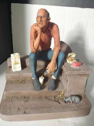 Rare Vintage 1984 Michael Garman Sculpture - Man Sitting On Porch W/ Mcdonalds