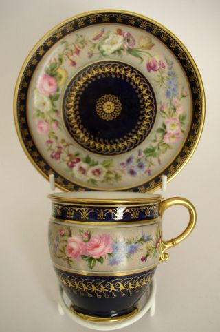 Antique 19c Sevres Napoleon Iii Hand Painted Cabinet Cup & Saucer 1850 - 70