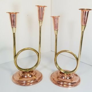 Coppercraft Guild Brass Copper Horn Candlesticks Vintage 1970 