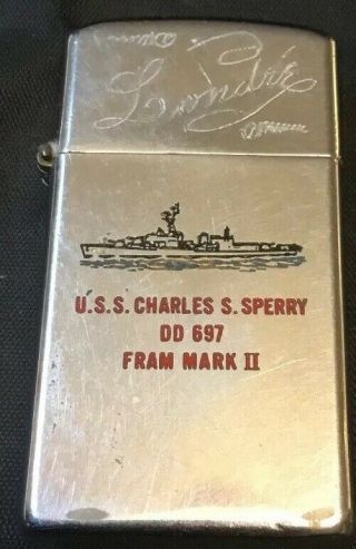 Vintage 1960s Zippo Lighter Slimline U.  S.  S.  Charles S.  Sperry Dd697 Fram Mark Ii