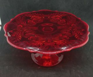 Vintage Mosser Glass Ruby Red Glass Pedestal Cake Plate Inverted Thistle 9 "