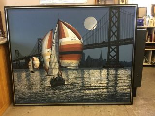 Vintage Letterman Mid - Century Painting Of Sailing Ships In San Francisco Bay