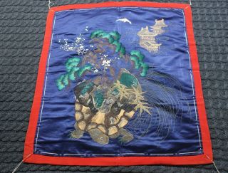 Antique Meiji Japanese Embroidered Silk Fukusa - Minogame And Crane