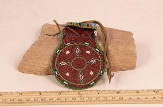 Antique Plains Indian Beaded Hide Token Bag With Cross Motif C.  1880s (4 " X 3 ")
