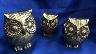 Brass Owl Set Of 3 Vintage Paperweight Figurines Mid Century Decor Mcm