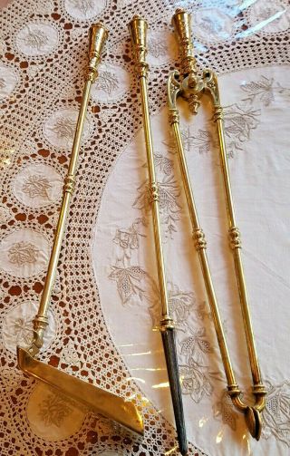 Antique Brass Set Of 3 Fire Side Tools Including Irons Poker,  Tongs And Shovel.