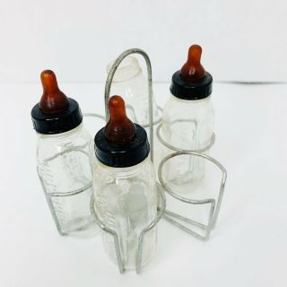 Vintage Miniature Evenflo Clear Glass Doll Baby Bottles Nipples Metal Sterilizer