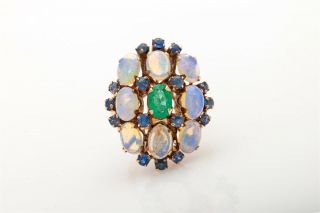 Antique $4000 10ct Natural Emerald Opal Blue Sapphire 18k Yellow Gold Ring