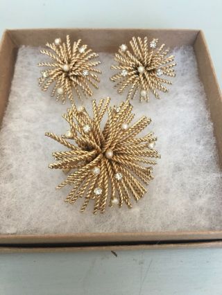Vintage Signed Bergere Jewelry Set Mid Century Gold Demi Parure Brooch Earrings