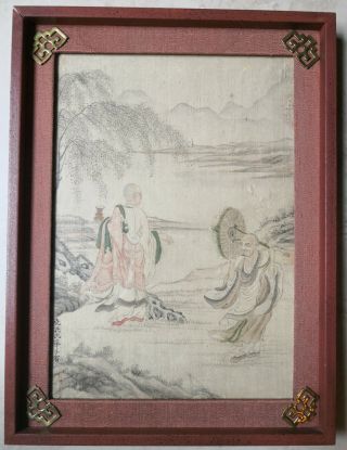 Antique Chinese Watercolor Painting On Silk Framed - Buddhism Monks 3