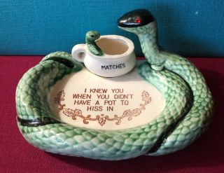 Vintage Red Eyed Snake Ceramic Ashtray & Match Holder " A Pot To Hiss In "