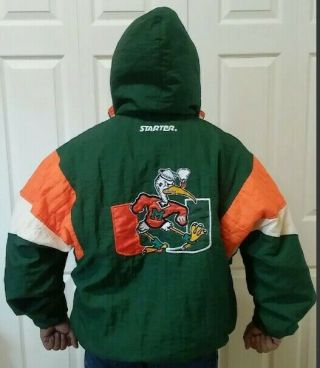 Miami Hurricanes Starter Jacket Mens L Vintage 90s Hoodie Coat Pullover 1/2 Zip