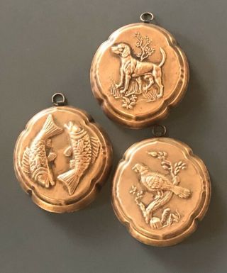 Set Of 3 Vintage Copper Baking Molds Hand - Made In Italy Bird Dog Fish