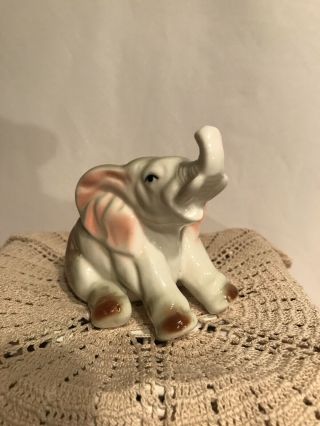 Vintage Ceramic Elephant Trunk Up White Pink Ears Brown Figurine Animal Nature