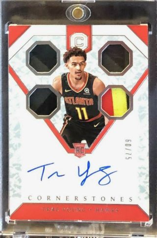 2018 - 19 Cornerstones Trae Young Crystal Quad Patch On Card Auto Rookie Rc D /75