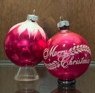 Vintage Hot Pink Mercury Glass Snowcap & Merry Christmas Tree Ornaments 2.  25”