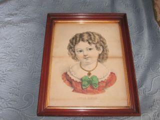 Walnut Framed Antique Victorian Currier & Ives Print,  Little Sister,  Old Glass