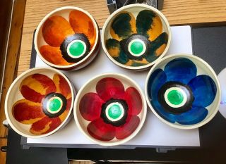 Vintage Set Of 5 Mexican Pottery Ceramic Bowl Hand Painted Flower