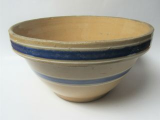 Vintage Yellow Ware Stoneware Pottery 11 " Cobalt Blue White Striped Mixing Bowl