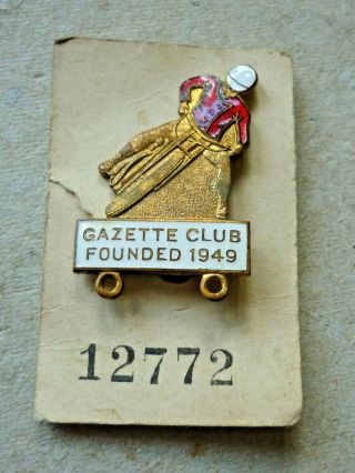 Vintage Enamel Speedway Badge Gazette Club Founded 1949 Numbered 12772 On Card