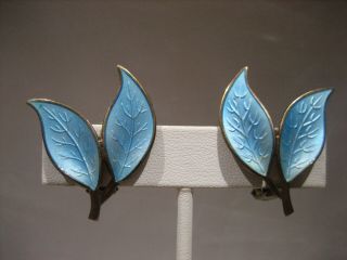 Vintage Signed D.  A.  David Andersen Norway Double Leaf Blue Guilloche Earrings