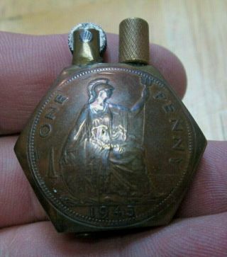 Vintage 1945 Wwii Era Brass Trench Art Lighter With British Penny Coins Nr