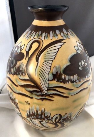 Boch Freres Keramis Art Deco Art Pottery Swan Decorated Large Vase
