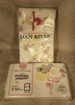 Vtg Nip Dan River Cotton Muslin Pillow Case Pair,  Nip Sears Permaprest Floral